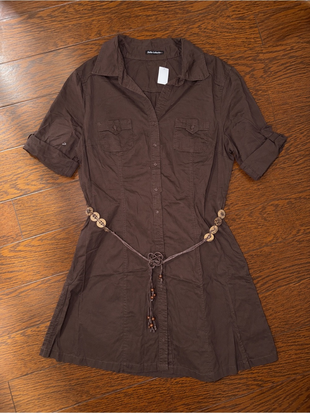 Dalia Collection Brown Button-Front Mini Shirt Dress Sz L NWT